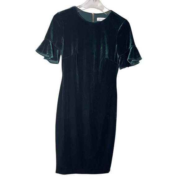 Calvin Klein Forest Green Velvet Flutter Sleeves Sheath SIZE-4 - Picture 1 of 7